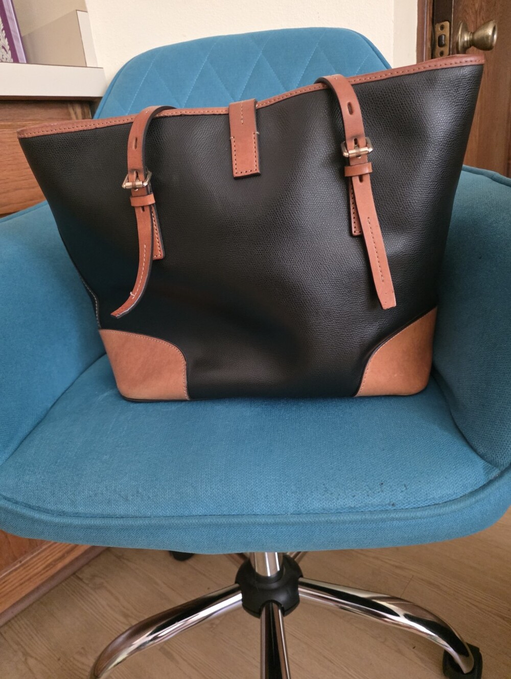 Dooney & Bourke Black and Tan Leather Tote - Picture 2 of 4
